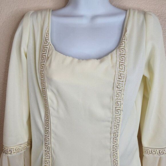 Vintage 60s Mod Dress Size S Ivory Gold Grecian Greek Key Wedding Flounce Sleeve - Picture 4 of 11